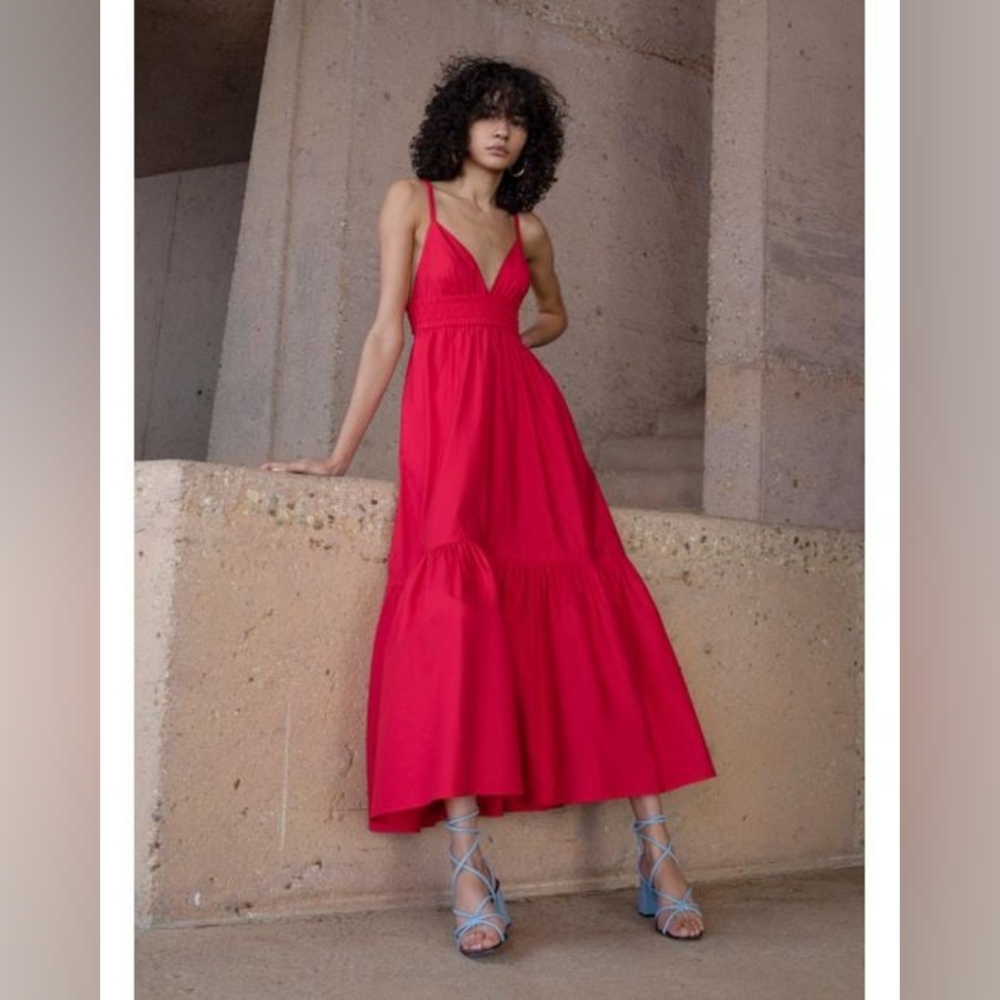A.L.C. Red Rhodes Cotton Poplin Maxi Dress 8‎ Tiered Resort Colorful Open Back
